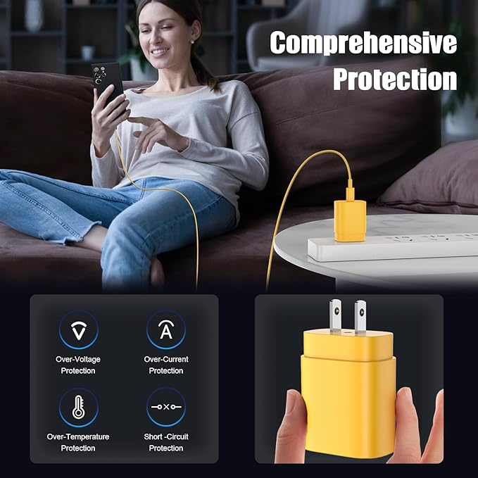Essri Type C Charger Fast Charging for Samsung Galaxy S25/S24/S23/S22/Note 20,4Pack 25W Super USB C Fast Charger Block with (6ft+10ft) x2 Cables for iPhone 15/16 Pro Max/Plus, Android Phones-Yellow