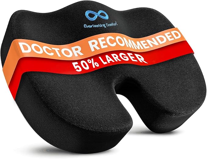 Everlasting Comfort Doctor Recommended Memory Foam Seat Cushion for Office Chairs & Car - Ergonomic Office Desk Accessories - Cushions for Tailbone Pain Relief, Sciatica (Black, XX-Large)