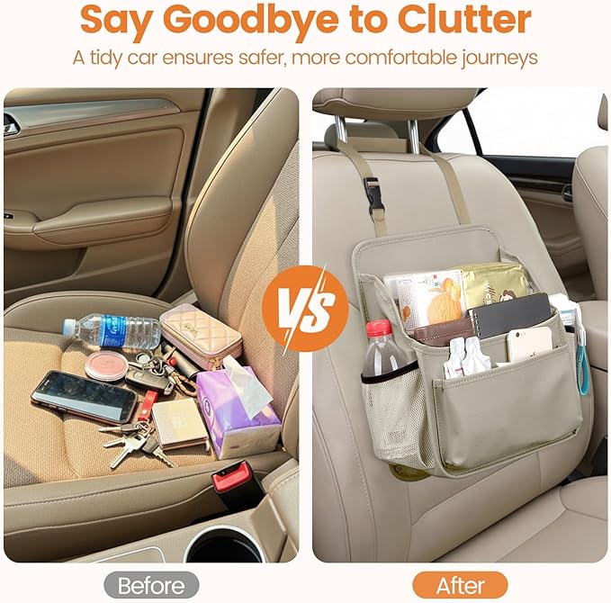 Viaviat Front Seat Organizer Car Upholstery Leather Passenger Seat Storage Bag Large Durable Car Organizer with Adjustable Strap Multiple Compartments Mesh Bags Cup Holders (beige)