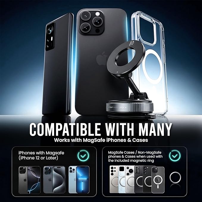Phone Holders for Your Car, Car Phone Holder, MagSafe Car Mount, Phone Mount for Car Magnetic with Suction Cup, 360° Adjustable Hands Free Holder for iPhone & Android
