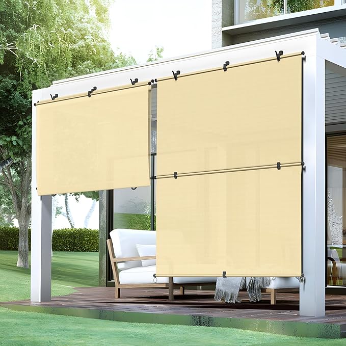 Bynbbur 6'W x 6'H Outdoor Patio Shades Foldable Roller Blinds, 220 GSM Sun Shade Roll Up Porch Screens Exterior Shade Cloth for Deck Pergola Backyard, Beige