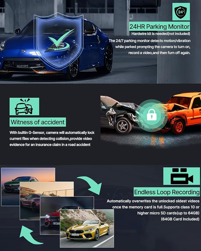 Dash Cam Front Rear and Inside, 3 Channel Dual Dash Camera for Cars W/ 64GB Card,1080P Dashcam Front with Night Vision,Loop Recording,G-Sensor,24H Park Monitor