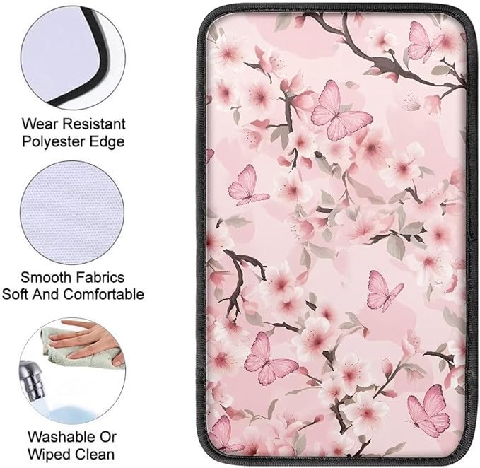 Cherry Blossom Butterfly Soft Armrest Seat Box Cover Car Armrest Cushion Car Decor Protective Car Accessories Fit for Most Cars, Vehicles, SUVs