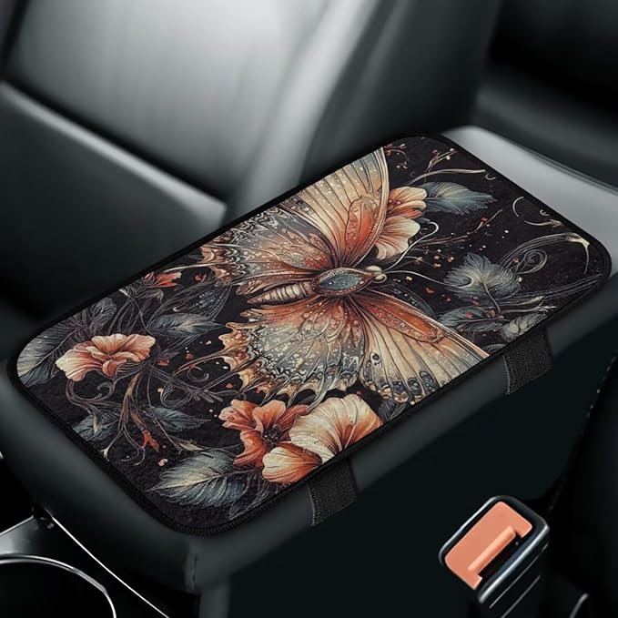 Butterfly Flower Center Console Cover Comfortable Warm Auto Center Console Pad Easy Install Armrest Cover Center Console Cushion for Car Truck Van SUV Seat Protector