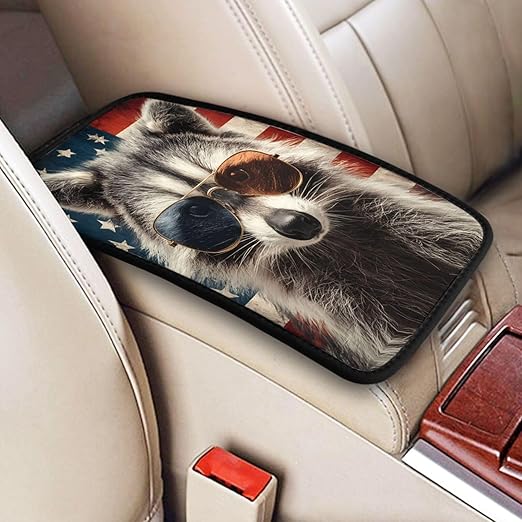 Cute Raccoon Sunglasses with American Flag Car Auto Armrest Cushion Cover Accessories Center Console Seat Box Pad Protector Universal Decoration for Most Vehicle SUV Truck