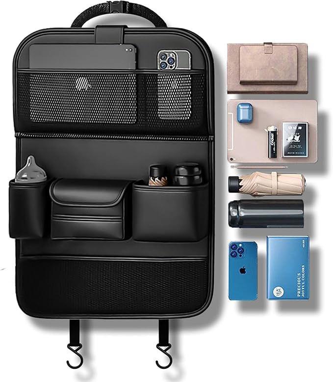 Car Seat Organizers,Multi-functional Back Seat Protectors, Storage Pouches, and Tray Holders (for Cars, Kids, Seat Back and Rear Seats)（Leather 1 Pcs）