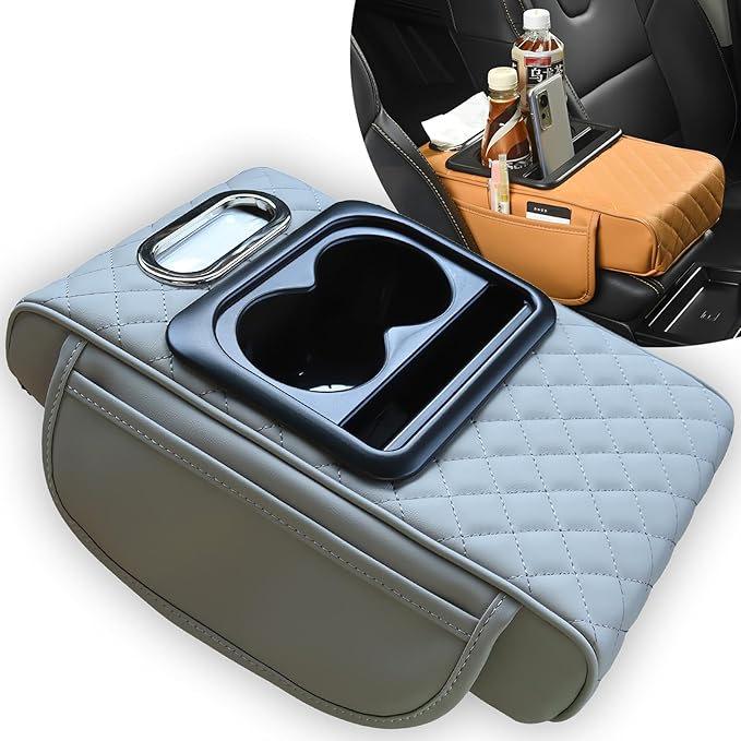 Multifunctional PU Leather Car Armrest Box Mat, 5-in-1 Multifunctional Car Armrest Cushion, Center Console Cover with 2 Cup Holder, For Storing Tissues, Phones, Wallets, Drinks, for Most Cars (Gray)