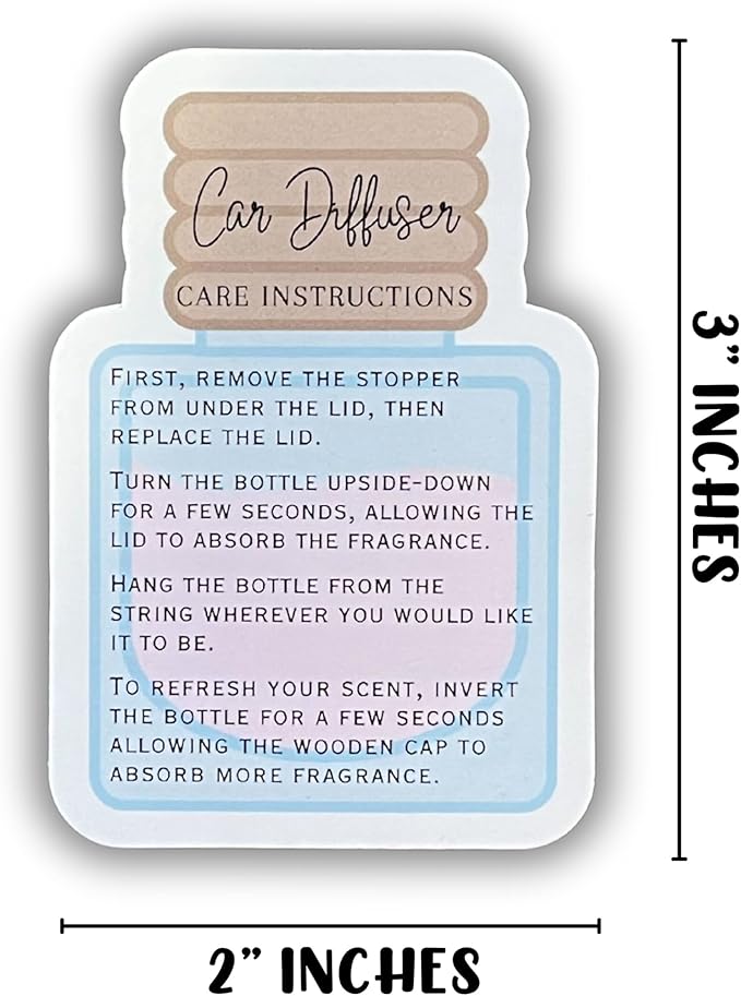 Car Oil Hanging Diffuser Instruction Care Card | 50 Pk 2x3” inches Wooden Bottle Die Cut Shape of Reed Diffuser Oil Bullet Warning Labels Scent for Clients Care Business Cards DIY
