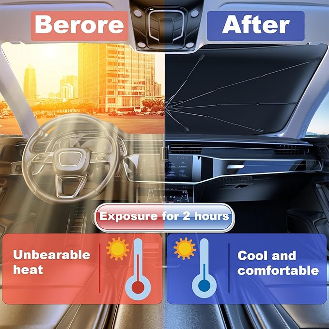 Windshield Sun Shade Umbrella for Car Front Window Sun Visor for Windshield Car Summer Accessories Protect Interior from UV Rays & Heat for Sedan, Compact SUV, Hatchbacks 57"*31"