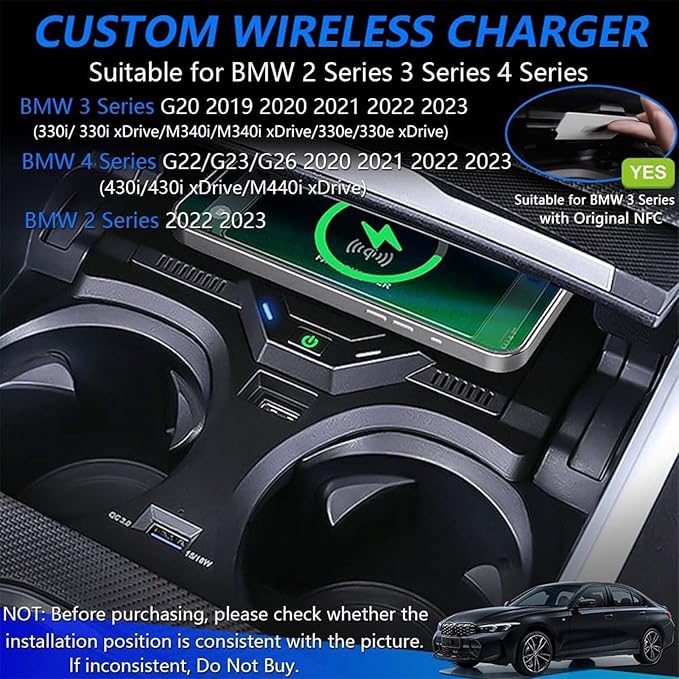 Wireless Car Charger Compatible with BMW 2 Series 2022 2023/3 Series G20 2020-2023/4 Series G22/G23/G26 2020-2023, Center Console Accessory Panel, 15W Qi Support Original Car with NFC