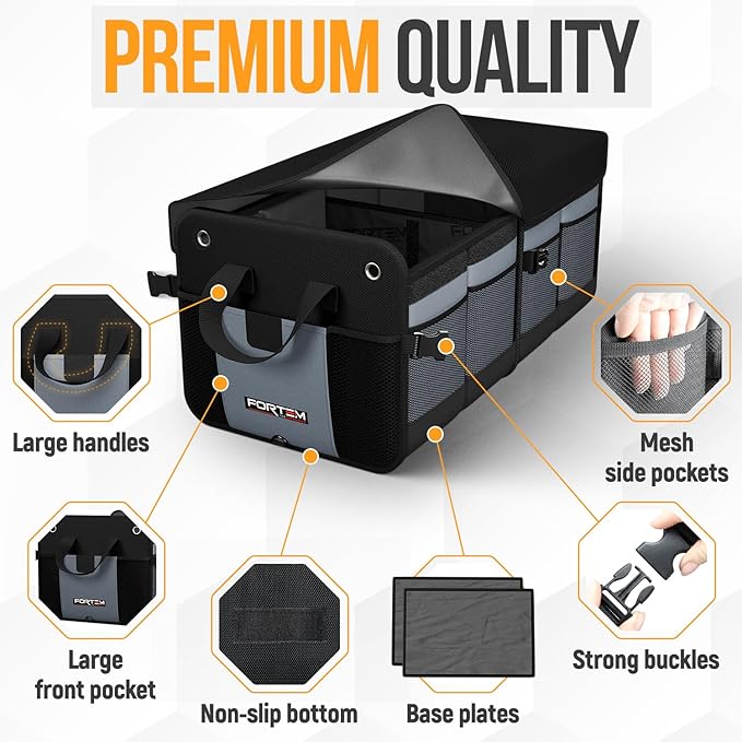 FORTEM Trunk Organizer For SUV Car Organizer and Storage, Multi-Compartment Storage Bag Car Accessories for Women Men, Perfect Christmas Gifts, 1680D Oxford, Non Slip Bottom, Straps, Soft Cover (50L)