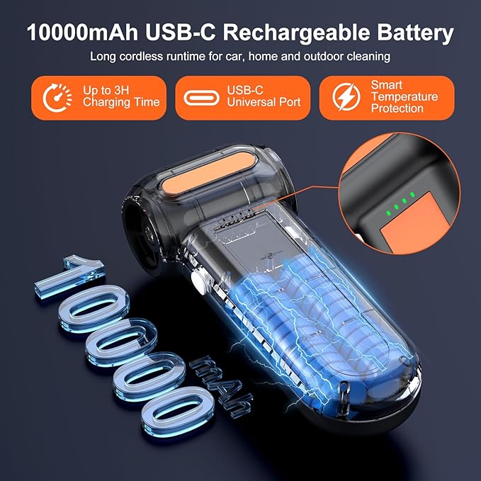 2-in-1 Compressed Air Duster 180000RPM Powerful Motor, Cordless Mini Vacuum Cleaner, 10,000mAh Battery, Portable Electric Air Duster, Dust Blower for Computer, Keyboard, Outdoor, House, Car and Office
