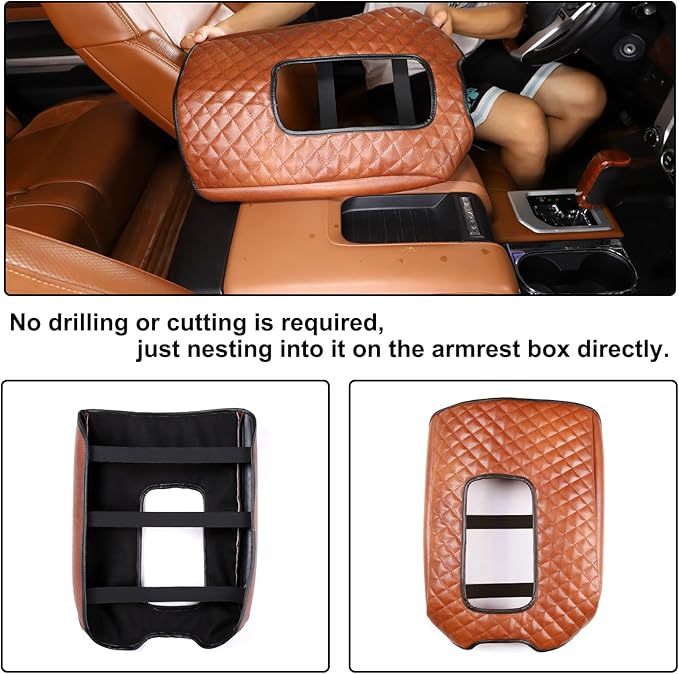 Aunginsy Leather Center Console Armrest Cover Compatible with Toyota Tundra 2014-2021, Car Armrest Pad Seat Box Cover Cushion Lid Anti-Scratch Protector Waterproof Plaid Brown Interior Accessories