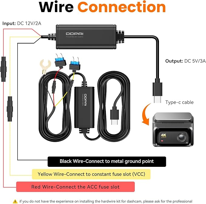 DDPAI Dash Cam Hardwire Kit, 10Ft Type-C USB Dash Camera Hard Wire Kit Compatible with N5 Dual, Z50 Pro, Z60 & Z60 Pro, Z90 Pro & Z90 Master Dashcam, Enabling 24 Hours Parking Monitor, 12V/2A to 5V/3A