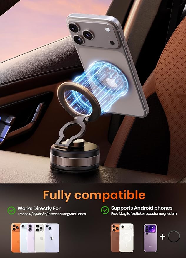 2026 Car Phone Holder for Magsafe [78+LBS Strongest Suction & 2400gf Magnetic] 360° Adjustable Car Suction Phone Mount, Phone Holders for Your Car for iPhone 17 Pro Max 16 15 14 13 12 Air Plus