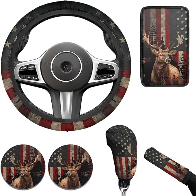 American Flag Vintage Car Steering Wheel Cover Set 6 Pcs Animal Elk Print Cup Holder Armrest Pad Gear Shift Cover,Car Handbrake Covers Auto Accessories for Men