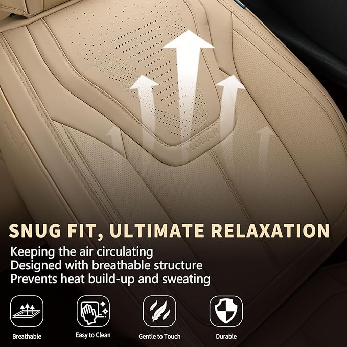 FLORICH Automotive Seat Covers, Beige Car Seat Cover Full Set, Luxury Faux Nappa Leather Automotive Seat Protectors, Car Seat Cushions Universal Fit for Most Sedans SUVs Trucks - Beige