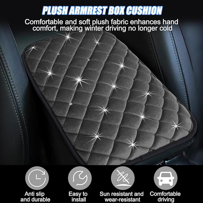 Mandark Bling Car Center Console Cover, Crystal Rhinestone Fluffy Automotive Armrest Seat Box Cushion Pad, Soft Comfortable Diamond Arm Rest Protection Mat, Universal Vehicle Accessories (Gray)