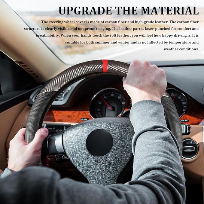 Car Steering Wheel Cover, Steering Wheel Accessories, 15 Inch Microfiber Leather Carbon Fiber Soft Anti-Slip Breathable, Car Accessories Elastic Non-Slip Cover for Most Vehicles (Black Gray)