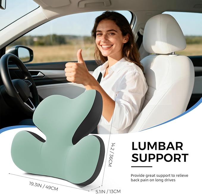 BEBAS Lumbar Support Pillow for Car, Ergonomic Memory Foam Back Cushion for Driving, Lower Back Support for Pain Relief, Lumbar Cushion for Car Seats, Office Chairs, Wheelchairs - Green