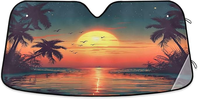 xigua Sunset with Palm Trees Car Windshield Sunshade Foldable Front Window Sun Visor Protector for Car,SUV,Truck - Keep Vehicle Cool,55 x 27.6 Inch