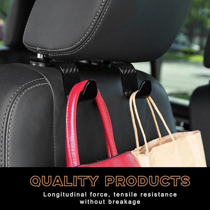 4PCS Car Seat Headrest Hook, Auto Back Seat Hanging Storage Organizer, Vehicle Seatback Hanger Holder for Purse Handbag Coat Umbrella, Universal Interior Car Accessories (Carbon Fibre Black)