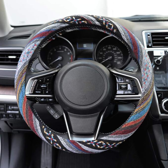 Carbella Woven Boho Bohemian Hippie Saddle Blanket Style Steering Wheel Cover for Women - Fits Most Standard Wheel Sizes 14.5 - 15 inch Woven Style - Aztec / Incan