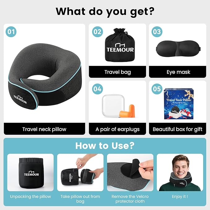 Travel Neck Pillow for Airplane -Memory Foam Travel Pillow for Long Flights/Car Sleep 360° Support Airplane Pillow, With Eye Mask & Earplugs, Portable Carry Bag | Airplane Accessories Washable Cover