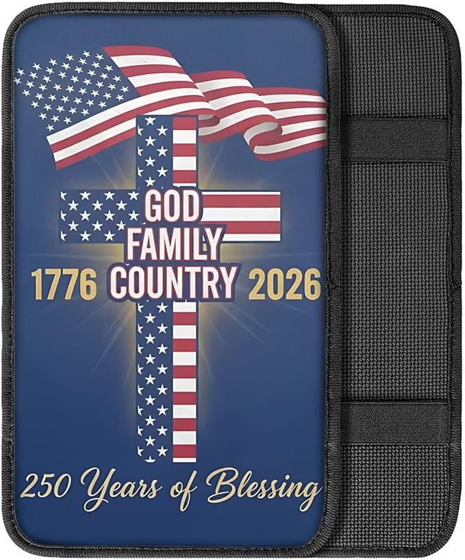 Dreaweet 250th Anniversary Center Console Cover God Family Country Cross Flag Print Car Arm Rest Cover Universal Fit Scratch & Wear Resistant Armrest Cover for Car Truck SUV