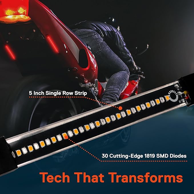 TRUE MODS 2pc 5" Rear LED Motorcycle Red Running Brake & Amber Turn Signal Tail Light Strip Kit for License Plate [Waterproof] Universal Self Adhesive Surface Mount Flexible Rear Lamp for Bike ATV UTV