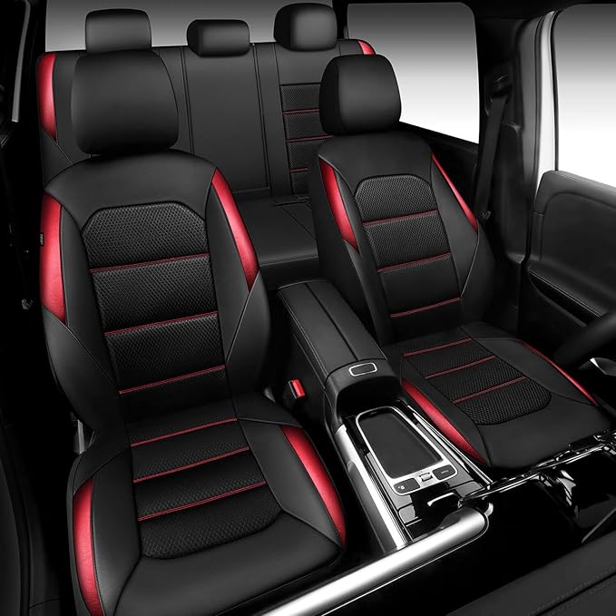 CAR PASS Memory 3D Foam Car Seat Covers Full Set, Breathable Mesh Thick Seat Covers for Car, Red Metal Film Leather Seat Covers, Universal Automotive Comfort for SUVs Trucks, Black Red