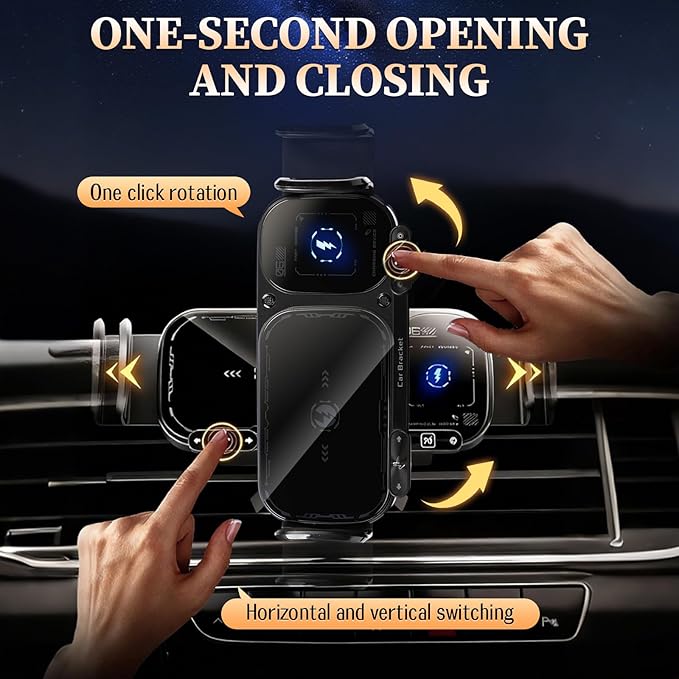 FunApricity Wireless Charging Rotating Car Mount,High Intelligent 2 in 1 Auto Rotating Phone Holder,Car Charger Fast Charging, One-Click Auto-Rotating & Clamping for Smartphone/Pad/Foldable Phone