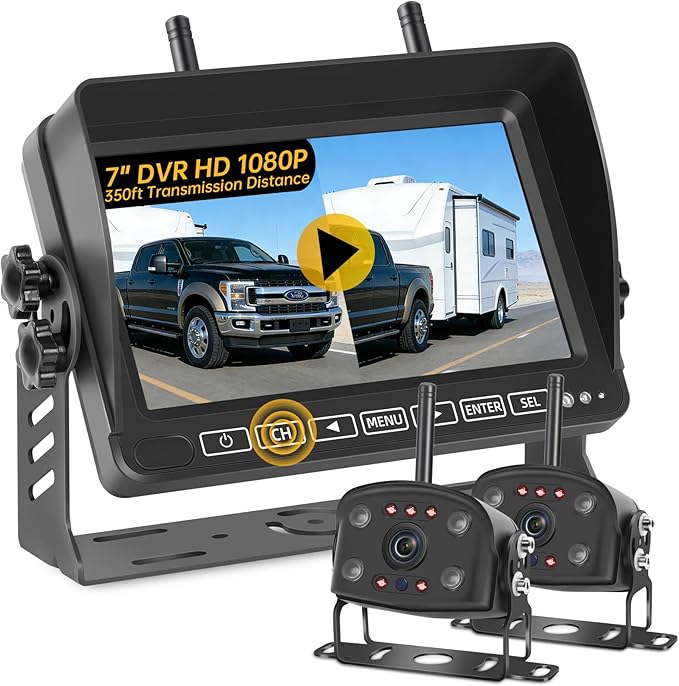 Wireless Backup Camera for RV Truck: 7" 1080P HD Monitor System with Dual Antennas, 350ft Stable Range, IP69K Waterproof, IR Night Vision, 4-Channel DVR Loop Recording for Trailer Camper Pickup
