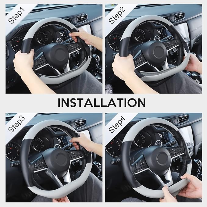 SEG Direct Flat Bottom Steering Wheel Cover, D Shaped Car Wheel Cover 14 1/2-15 in. (37-39 cm), Black Gray Microfiber Leather