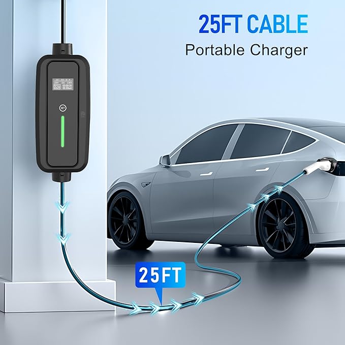 Level 2 EV Charger,32Amp 95-270V,Electric Car Charger Portable EV 25FT Cable with NEMA 14-50 Plug, Adjustable Current,Home EV Charging Station,for J1772 EVs ONLY