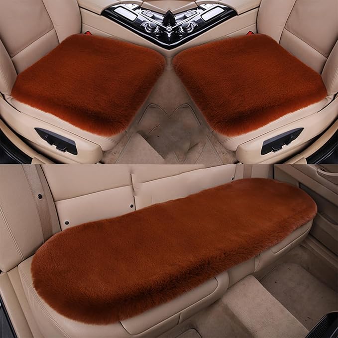 Plush Car Seat Cushion, Soft Warm Fuzzy Faux Rabbit Fur Fluffy Plush Auto Seat Cover Vehicle Car Front and Back Seat Protector Pad with Non-Slip Backing Cushion Interior Universal Fit (Orange,3PCS)