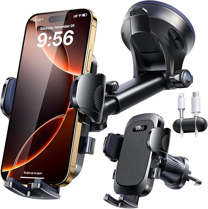 YRU True Military-Grade [360° Rotation Suction] 2026 Ultimate Car Phone Holder Mount 【90+LBS Safest Strongest & Patent Certs】 Dashboard Windshield Vent for iPhone 17 16 Pro Max Samsung