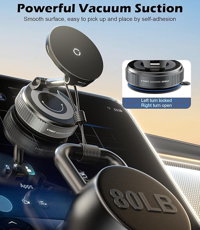 CloudValley 15W Fast Wireless Charger Car Phone Mount Charger with Type-C Fast Car Charger, Vacuum Suction Cup Magnetic Phone Holder Design for MagSafe iPhone 17 Pro Max 16-12 Series,Pixel 10 Pro XL