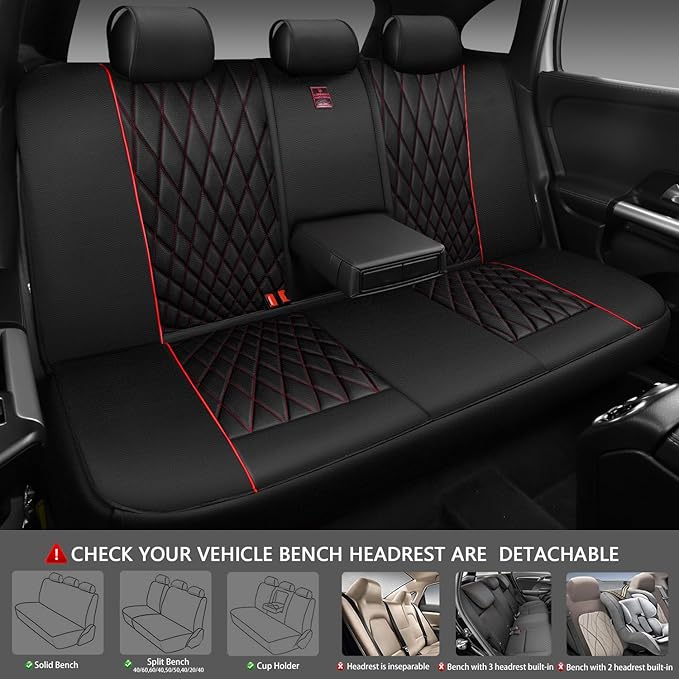 CAR PASS Piping Luxury Leather Seat Covers Full Set,5 Seats Anti-Slip Waterproof Seat Covers Compatible with Front Armrests,Universal Fit for Sendan SUV Van Truck,Airbag Compatible,Black and Red