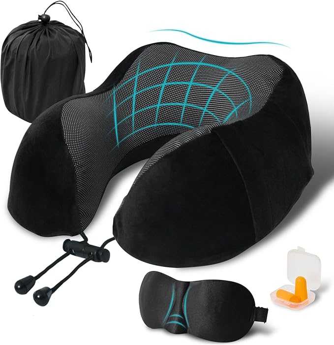 Travel Pillow, Memory Foam Neck Pillow for Traveling, U Shape Neck Pillow Airplane Portable Flight Pillow Travel Kit with 3D Contoured Eye Masks and Earplug for Plane Train Car Home Office - Black