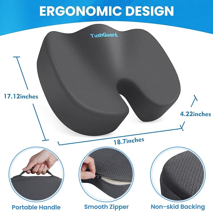 TushGuard Seat Cushion, Office Chair Cushions, Car Seat Cushion, Non-Slip Sciatica & Back Coccyx Tailbone Pain Relief Chair Pad, Memory Foam Butt Pillow for Computer Desk, Office(Gray, XXL)