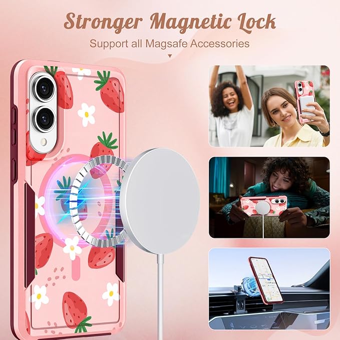 for Samsung Galaxy S25 Edge Case - Compatible with MagSafe Women Girls Cute Magnetic Protective Phone Cover Girly Kawaii Strawberry Heavy Duty Shockproof Design for Samsung S25 Edge Case