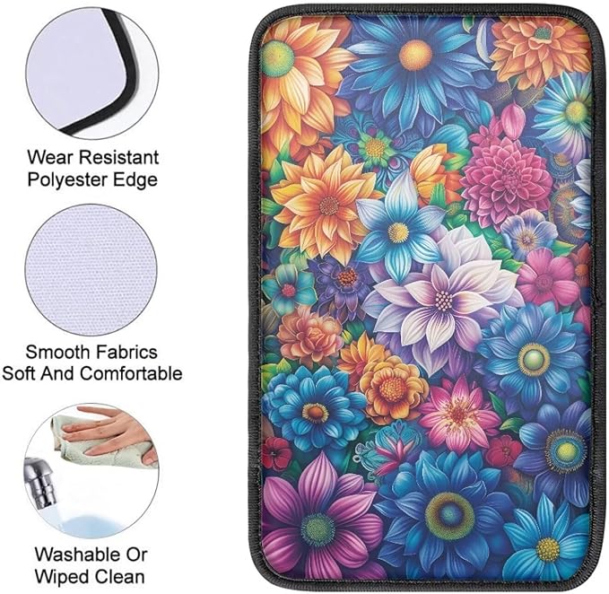 Boho Mandala Flower Car Center Console Armrest Cover Boho Car Accessories Dust-Proof Auto Armrest Box Cover Center Console Pad for Truck Sedan SUV, Easy to Install