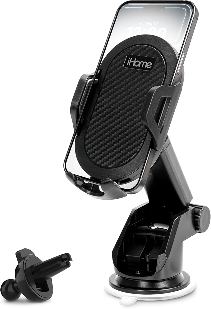 iHome Car Mount, Dashboard/Windshield/Vent Mount, Swivel Neck, Silicone Grip, Adjustable Mount Arm with Suction Cup Base (Universal Car Mount)