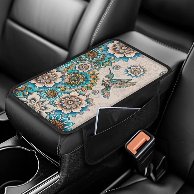 Hummingbird and Boho Mandala Print Car Armrest Cover Stretchy Car Armrest Cover Cushion Elastic Armrest Seat Box Cover Protector Center Console Armrest Cover Pad