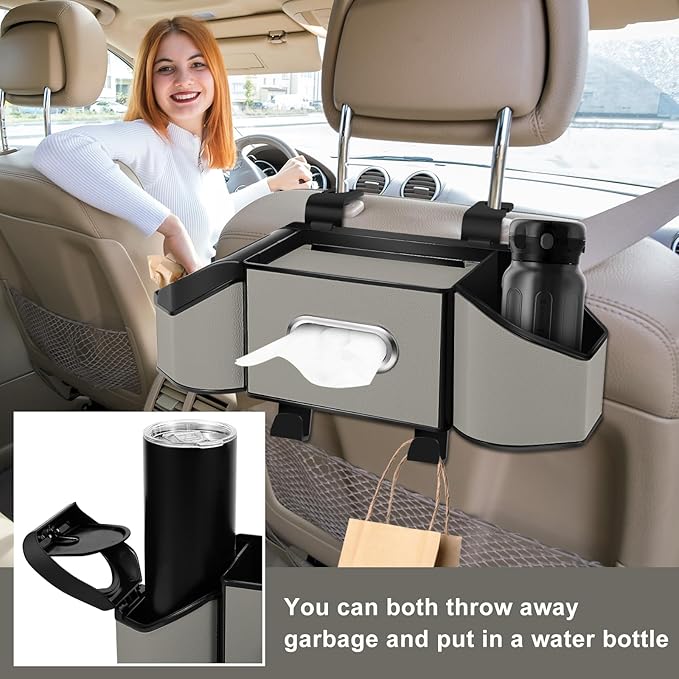 7-In-1 Car Seat Back Organizer with Cup Holders, Tissue Box, Garbage Can&Hooks, Multifunctional Headrest Storage Organizer, Headrest Cup Holder for Backseat, Car Accessories for Trips, Travels(Gray)
