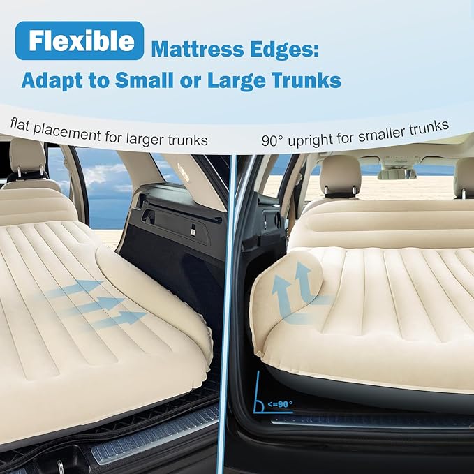 Car Bed with The Most Complete Sleeping Accessories,Leakproof Durable Car Mattress, with Pillow & Pump|for SUV Minivan Mpv Road Trip Inflatable Bed,Single-Sided Flocking Off-White + Gray