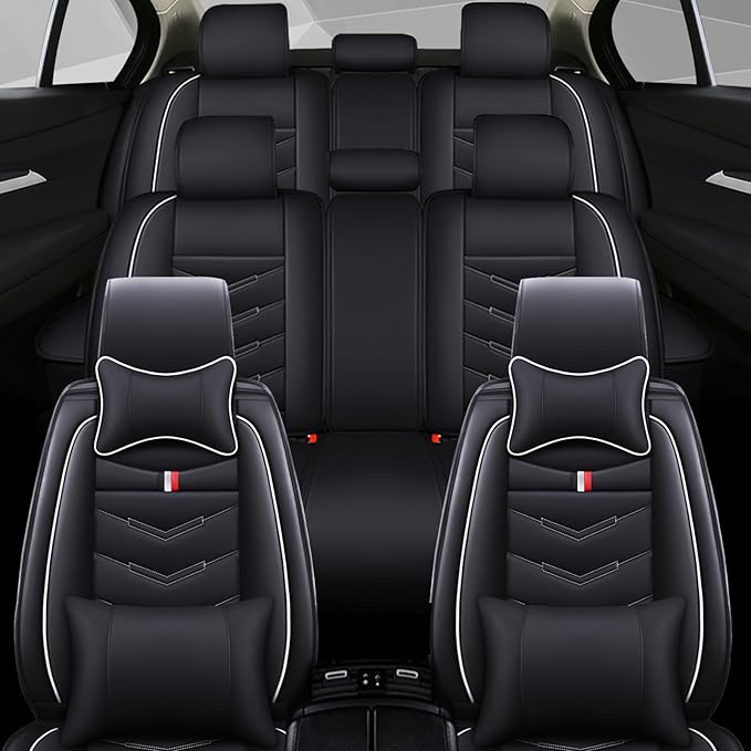 Car Seat Cover 7 Seats for Ford Explorer 2000-2025, Waterproof Durable Compatible Airbag, Premium Leather Seat Protector(7 Seats Luxury,Black White)