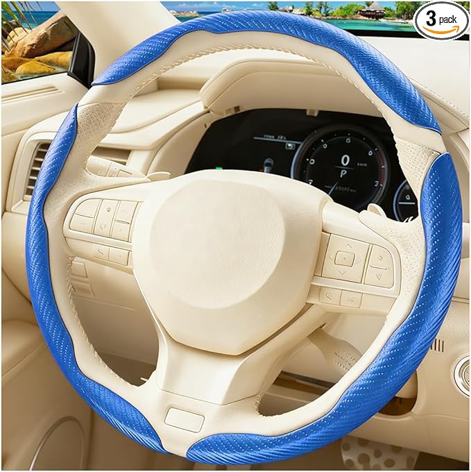 3PCS Carbon Fiber Car Steering Wheel Cover, Leather Segmented Anti-Skid Steering Wheel Protector, Snap on Automotive Interior Protection Accessories, Universal for Vehicles (Blue)