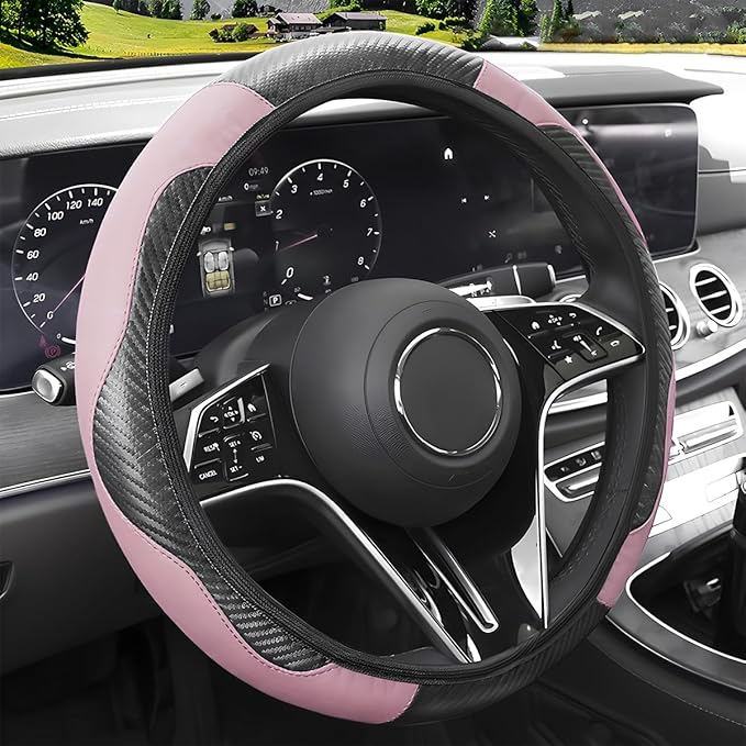 Car Steering Wheel Cover, 15 inch Carbon Fiber Microfiber Leather Elastic Steering Wheel Protector, Breathable Anti-Slip Comfortable Steering Wheel Covers for Most Cars (Black&Pink)